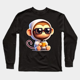 A cute monkey nerd with coffee Long Sleeve T-Shirt